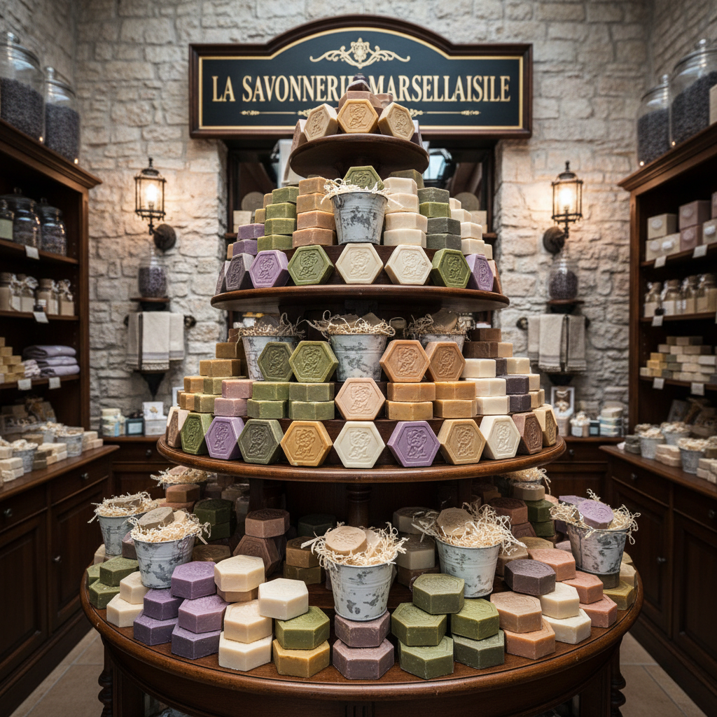 Betritt man eine Boutique von La Savonnerie Marseillaise, wirkt sie wie ein provenzalischer Wochenmarkt: Mehrstöckige Holz-Etagere und rustikale Regale präsentieren ein Sortiment rund ums «Geschenkerlebnis». (Bild KI-optimiert)