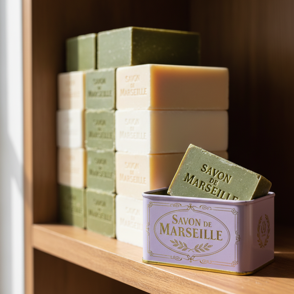 Ästhetische Inszenierung klassischer, quadratischer Marseille-Seifen in Naturtönen, die stapelweise in schlichten Holzregalen in den Boutiquen von La Savonnerie Marseillaise auf Kundschaft warten. (Bild KI-optimiert)