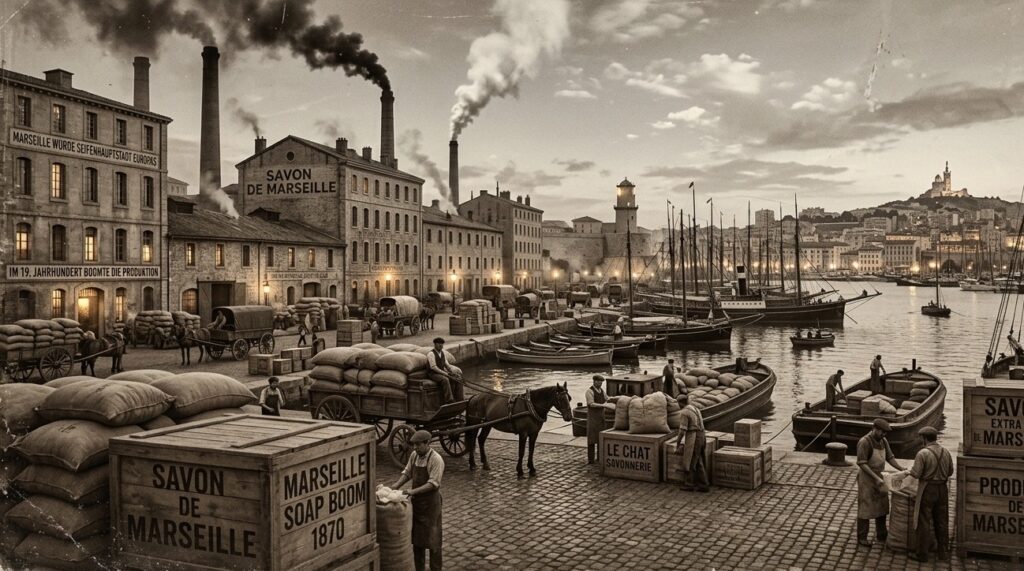 Schon im Mittelalter brachten Händler aus dem Osten Wissen und Rohstoffe nach Marseille: Olivenöl, Soda und handwerkliche Techniken – die Grundlagen einer Seife, die bald in ganz Europa gefragt war. (Bild KI-generiert)