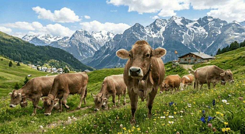 Glückliche Schweizer Kühe genießen den Sommer auf saftigen Almwiesen, wo sie eine Vielfalt an frischen Kräutern und Berggräsern fressen, was die Grundlage für erstklassige Milch- und Fleischprodukte bildet. Diese artgerechte Haltung in der beeindruckenden Kulisse der Alpen sorgt nicht nur für vitale Tiere, sondern spiegelt sich auch in der hohen Qualität und dem authentischen Geschmack der regionalen Spezialitäten wider.
