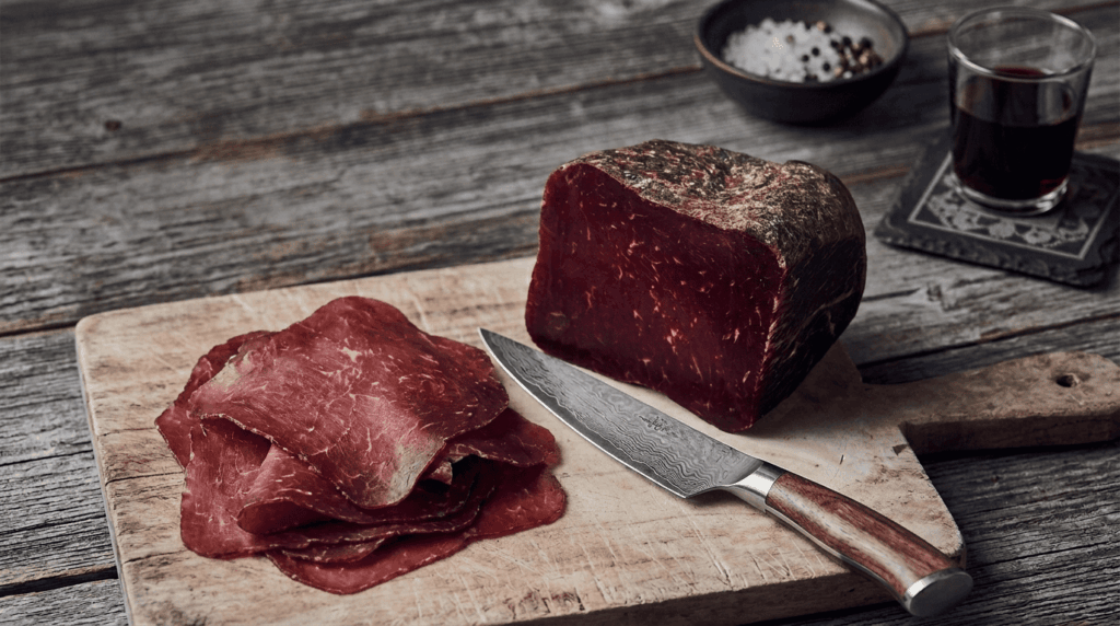 Bündnerfleisch ist eine Schweizer Spezialität aus dem Kanton Graubünden, bei der hochwertiges Rindfleisch über mehrere Monate mit Alpensalz und Gewürzen luftgetrocknet wird. Durch diesen Prozess verliert das Fleisch fast die Hälfte seines Gewichts, wodurch sein charakteristisches, tiefrotes Aroma und die zarte Textur entstehen.
