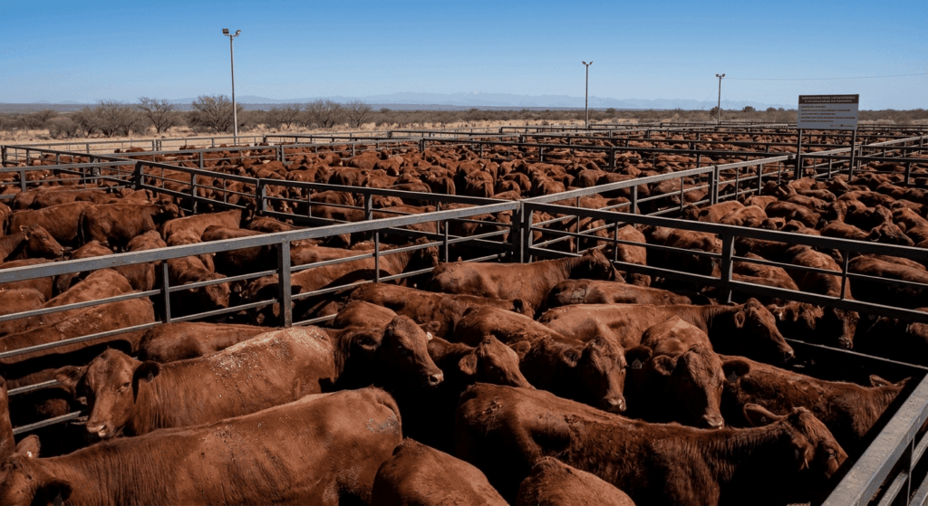 In der südamerikanischen Industriehaltung werden riesige Rinderherden oft in staubigen Mastanlagen, sogenannten Feedlots, auf engem Raum gehalten und intensiv für den globalen Export gemästet. Diese Form der Massenproduktion ermöglicht zwar enorme Fleischmengen zu niedrigen Preisen, steht jedoch aufgrund der hohen ökologischen Belastung und des geringen Tierwohls stark in der Kritik.