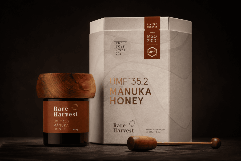 Die Inszenierung des Luxus: Jedes Glas der streng limitierten „Rare Harvest“-Edition von The True Honey Co. wird mit handgefertigtem Holzdeckel, maßgeschneidertem Honiglöffel und einem zertifizierten Spitzenwert von MGO 2100+ geliefert.