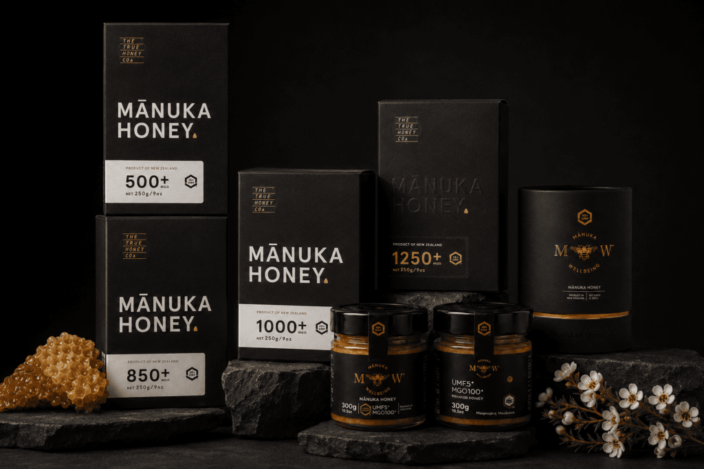 Klarheit statt Fußnoten: Das minimalistische, tiefschwarze Verpackungsdesign von The True Honey Co. rückt die laborzertifizierten MGO-Werte (von 500+ bis 1250+) selbstbewusst ins Rampenlicht und inszeniert den Premium-Honig als edles Health-Produkt.