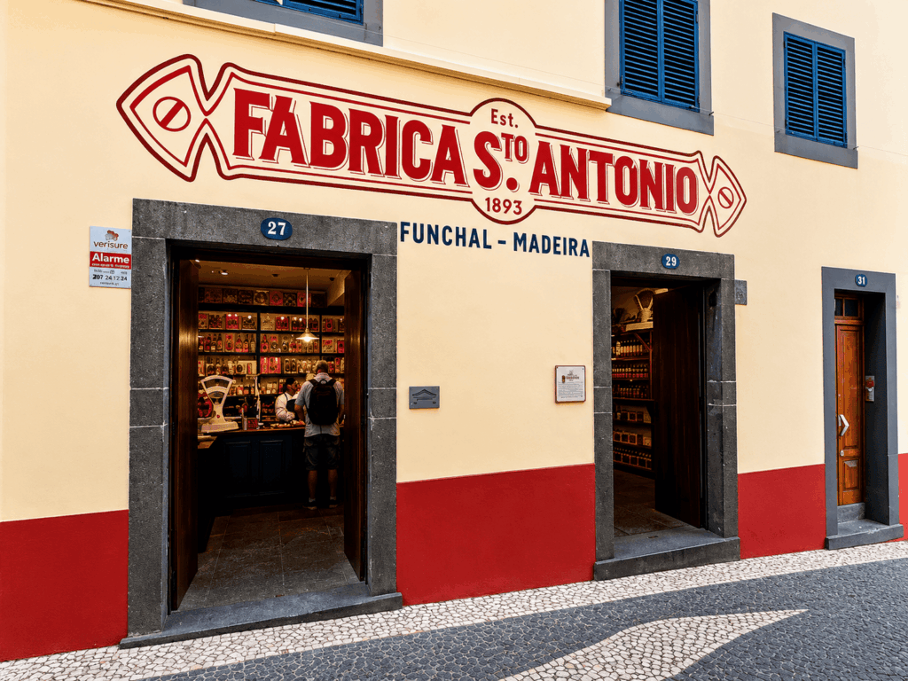 Einladende Fassade mit unverkennbarem Heritage-Branding: Der Shop der Fábrica Santo António in den Gassen von Funchal, Madeira.