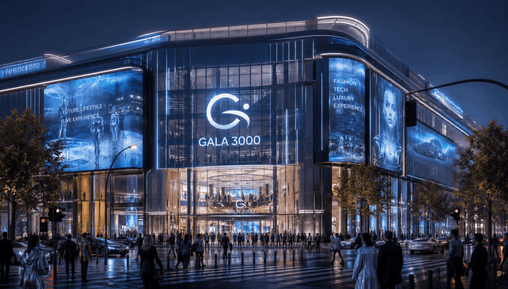 Das Warenhaus der Zukunft: Gala 3000 bei Nacht,geprägt von riesigen LED-Bildschirmen und moderner Glasarchitektur in bester Citylagen.