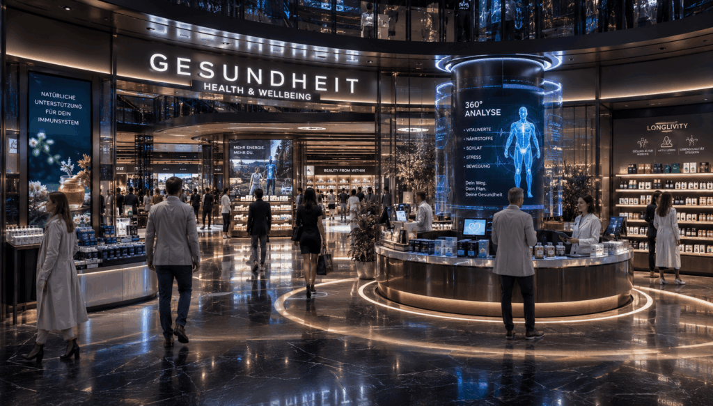 Gesundheit entwickelt sich zum Wachstumstreiber des stationären Handels. Was 2026 noch die Kosmetikabteilung prägte, verschmilzt 2039 zu einem Gesundheitskosmos, in dem Medizin, Biotechnologie und Beauty ineinandergreifen (Bild KI-generiert). 