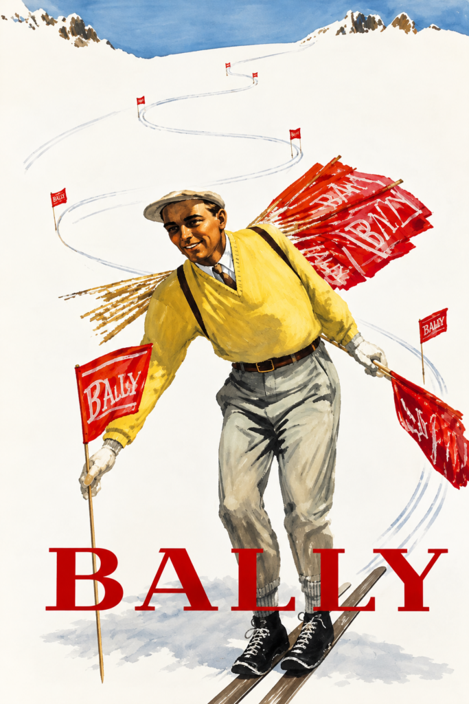 Bally-Werbeplakate, entdeckt in der Bally-Boutique von St. Moritz (Graubünden, Schweiz).