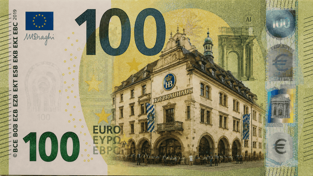 Historischer Schankraum im Hofbräuhaus München mit Deckenfresken und Gästen an Holztischen zur Analyse von Erlebnismarketing.