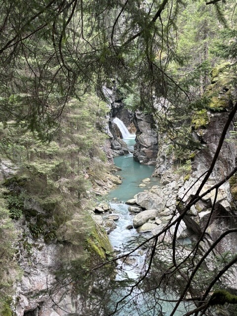 Ein Blick zwischen den Bäumen gibt das Ziel frei: Der Wasserfall der Roflaschlucht liegt rund 300 Meter entfernt.