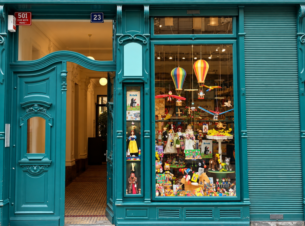 Der kleine Maulwurf saß in einem Schaufenster in der Altstadt von Prag und lächelte mich an – ich war absolut geflasht, als ich Krtek dort entdeckte.